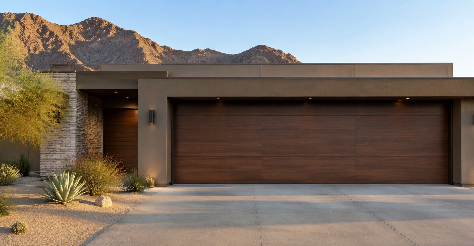 Modern plank-style garage door on a desert-modern home