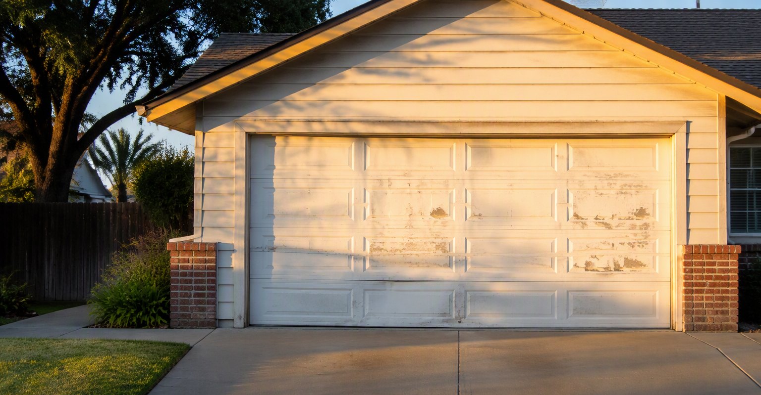 Sun-faded older garage door on a tract house