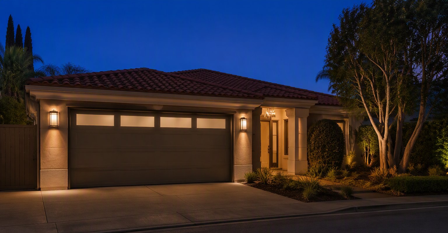 Closed garage door at blue hour with porch light